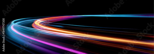 Bright neon speed lines curl along a night urban expressway. Glowing streaks create rapid motion and digital energy flow. Futuristic abstract illustration isolated in vector.