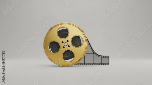 Golden film reel with unrolled movie film strip on gray background for cinematic and movie concepts