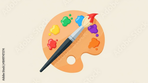 Colorful artist's paint palette with a brush loaded with red paint on a beige background for artistic creation