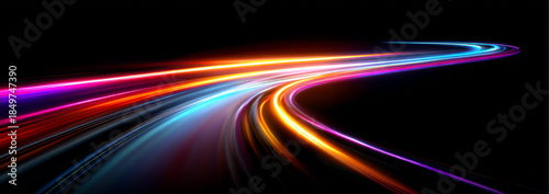 Transparent neon speed lines flow across a night city highway. Glowing light trails and curls visualize fast motion and digital acceleration. Futuristic abstract design in vector.