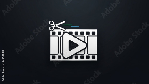 Video editing icon with play button and scissors on film strip black background