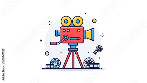 Vintage red film camera on tripod with film reels and movie production elements on white background with blue accents