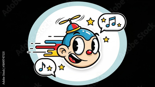 Cartoon character with blue hair and propeller hat sings joyful musical notes surrounded by stars on white background