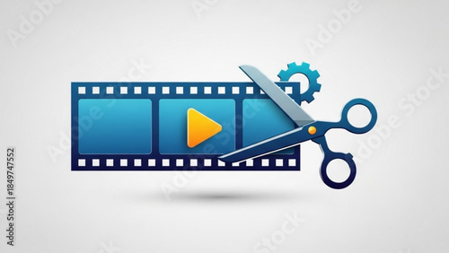 Video editing concept with blue film strip, scissors, and gear on white background, representing movie production and editing process