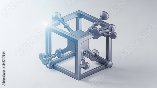 Molecular structure of a metallic cube with atoms and bonds on a gray background
