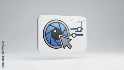 A computer cursor clicks on a blue camera shutter icon on a white button with graphical control elements on a gray background