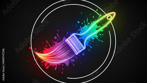 Vibrant rainbow paintbrush with colorful splatters in a white circle on black background