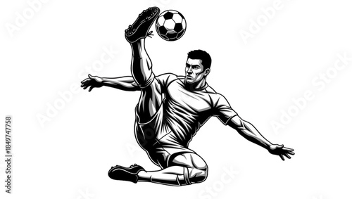 Soccer player in mid-air performing a bicycle kick with a soccer ball