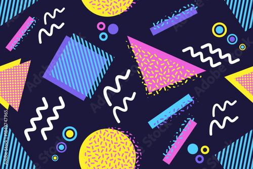 Memphis design seamless repeat pattern. Memphis 80s geometric colorful creative design vector illustration. For textile, texture, fabric wrapping, decorative, wallpaper, shirts, clothing, tablecloth