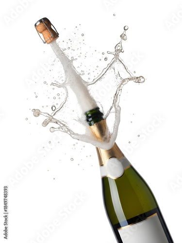 Champagne bottle popping open with flying cork and splashing liquid, symbolizing celebration, success, and festive party moments, isolated on white or transparent background. PNG format.
