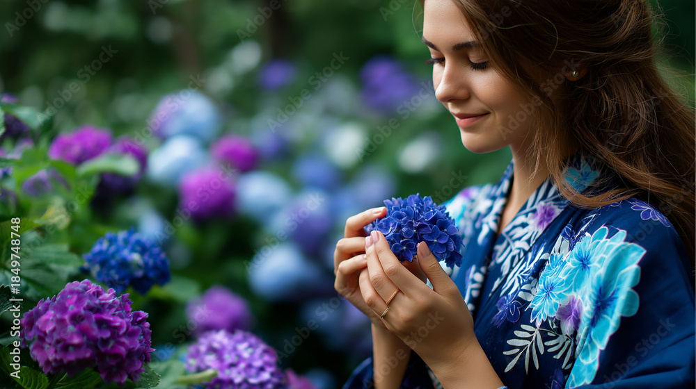 Fototapeta premium Faceless woman in kimono with hydrangea ajisai pattern during rainy season, June flowers, defocused blue and purple blooms, with copy space