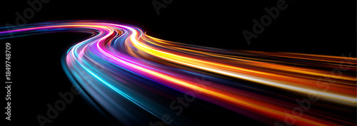 Neon speed lines twist and swirl across a futuristic night street. Flowing ribbons of light highlight acceleration and energy streams. Modern digital illustration presented in vector.