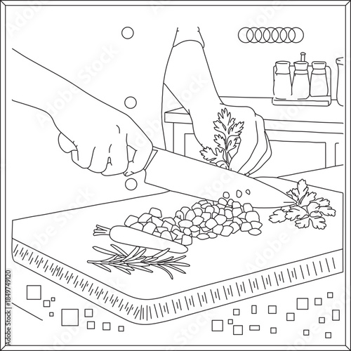 A skilled chef precisely chopping fresh vegetables and herbs on a cutting board in a busy kitchen Vector, illustration , coloring page, cooking