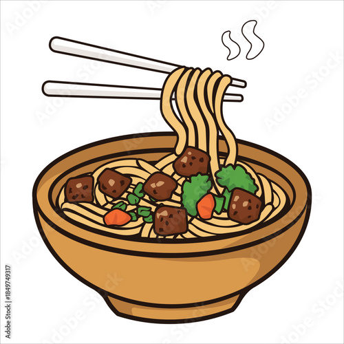 Set of hand-drawn noodle bowl illustrations featuring various noodle dishes with toppings and steam. Perfect for food menus, restaurant branding, culinary projects, packaging, and digital illustration