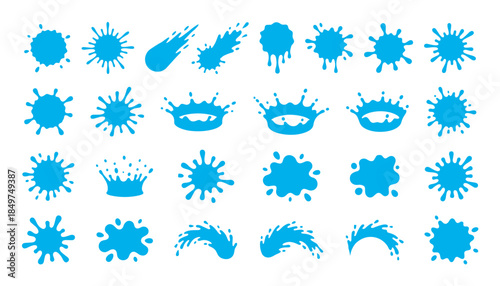 Blue liquid splash and splatter graphic elements showing various dynamic forms like water drops, paint splats, and fluid crowns in a clean flat vector illustration style