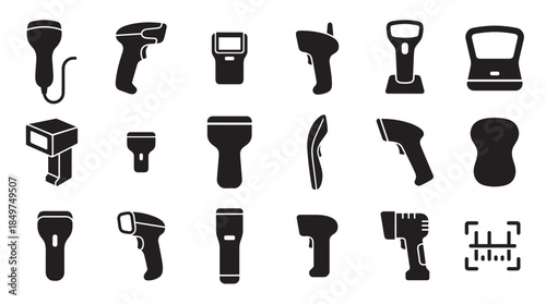 Barcode scanner and reader glyph icon set featuring various handheld and stationary devices for retail and warehouse inventory management, presented in a simple black silhouette style