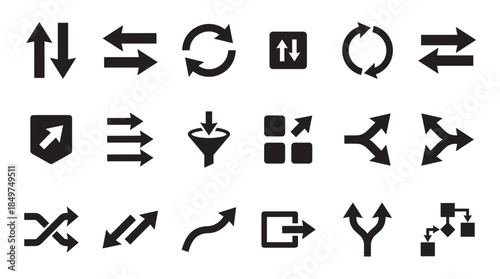Set of black flat arrow icons for user interface design, illustrating concepts of direction, navigation, transfer, workflow, and process in a simple minimalist glyph style
