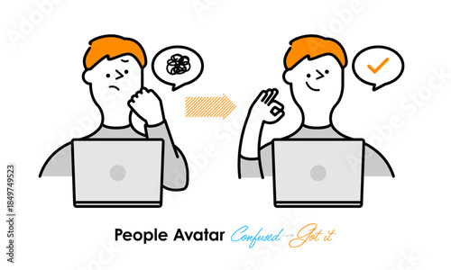 混乱から理解へ変化する人物アバター｜問題解決,理解,気づき,男性,仕事,思考