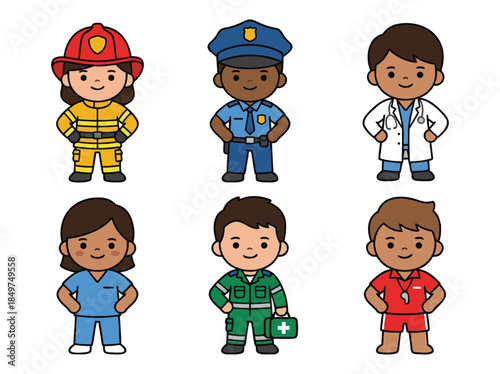Set of cute cartoon characters representing different professions.
