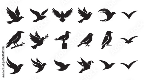 Collection of black bird silhouettes and icons featuring various species like doves, eagles, and crows in different poses, including flying, perched, and abstract origami styles