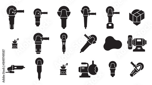 Collection of black angle grinder icons and other power tool silhouettes for construction and repair work, presented in a clean minimalist glyph style as a vector set