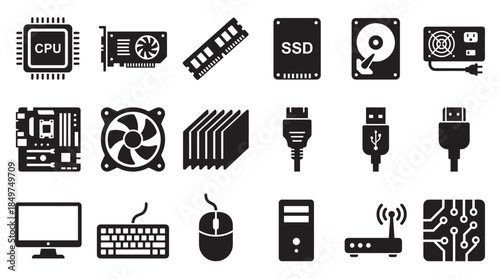 Collection of black computer hardware icons representing components like a CPU, GPU, motherboard, memory, and peripherals in a simple flat glyph vector style