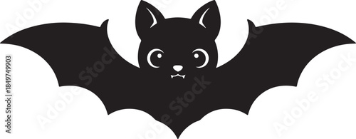 Adorable black silhouette of a cute cartoon bat with large wings and big round eyes, Halloween decorations and children's themes also transparent background