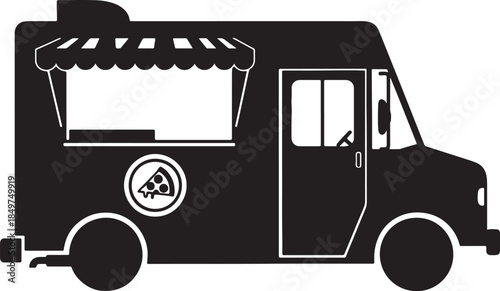 Black silhouette of a food truck with a pizza slice emblem and a retractable awning over the service window, mobile food businesses also transparent background