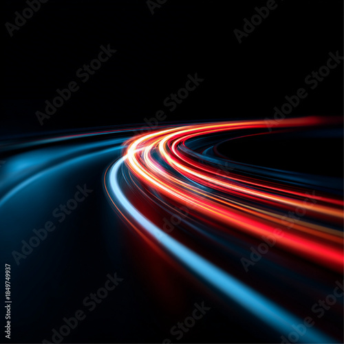 Futuristic laser lines shimmer over dark urban road at night. Neon streams form spirals, ribbons, glowing trails, rapid motion paths, acceleration vector, energy currents, luminous dynamic motion. 