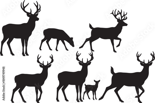 Collection of black silhouette deer and fawn figures in various poses against a white background showcasing their antlers and graceful forms also transparent background