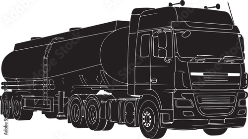 Black silhouette of a large tanker truck with multiple axles and a cylindrical cargo tank viewed from the front side also transparent background