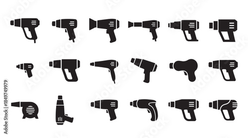 Collection of black heat gun icons and silhouettes showcasing various industrial tool designs in a minimalist graphic style for workshop or repair concepts