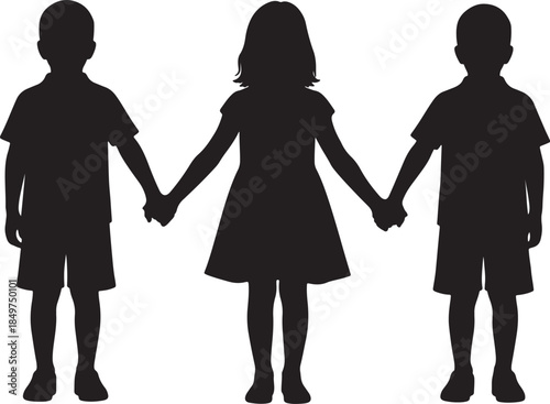 Three children silhouetted holding hands in a line against a white background, a boy on each side of a girl, representing friendship and unity also transparent background