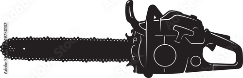 Detailed black silhouette of a powerful chainsaw with a long serrated blade and robust handle, isolated on a clean white background, representing tools and industry also transparent background