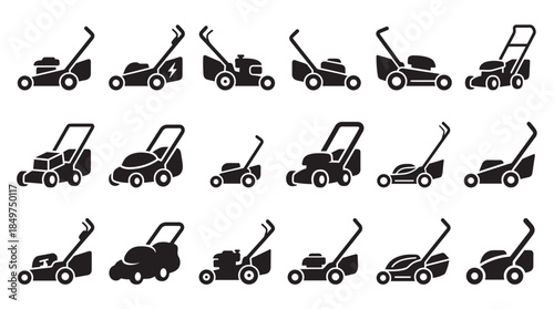 Black lawn mower icon set featuring various garden equipment silhouettes for lawn care, including different models of electric, gas, and push mowers in a minimalist vector style