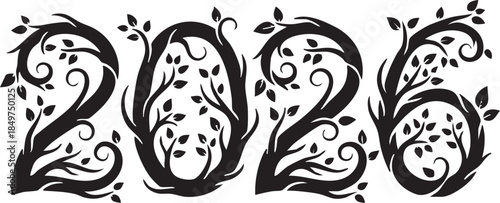 Artistic 2026 New Year Number Silhouettes with Floral Branches on White Background