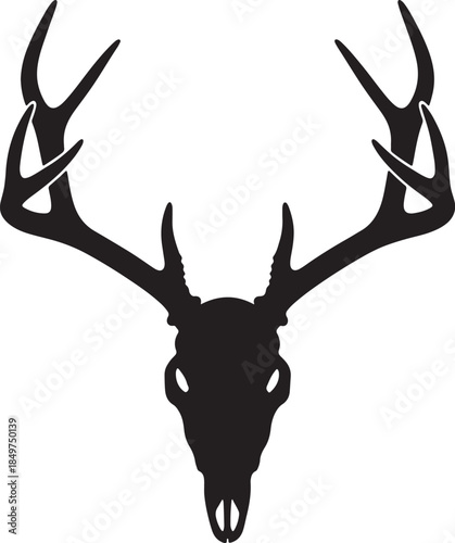 Striking black silhouette of a deer skull with large, branching antlers, symbolizing nature, hunting, and the wild, presented on a clean white background also transparent background
