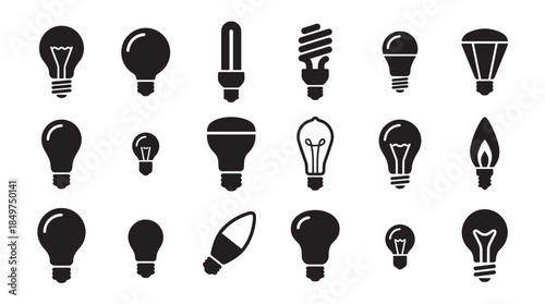 Large collection of black light bulb icons in various shapes and types, including incandescent, LED, and fluorescent, representing ideas, innovation, and energy solutions