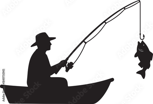 Silhouette of a fisherman in a hat casting a fishing rod from a small boat, with a fish caught on the hook, representing leisure and outdoor activity also transparent background