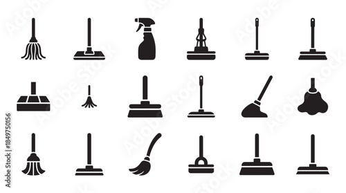 Set of various black cleaning equipment icons featuring different types of mops, brooms, dusters, and a cleaning spray bottle, depicted in a minimalist solid glyph style