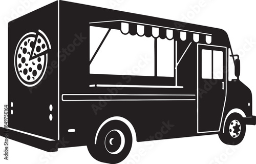 Side view silhouette of a black food truck with a pizza slice and an open serving window, ready for street food service also transparent background