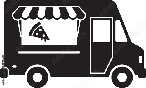 Silhouette of a black food truck with a striped awning and a slice of pizza displayed in the window ready to serve delicious street food also transparent background