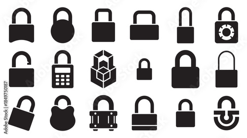 Collection of black padlock icons in various shapes and styles, representing concepts of security, safety, and privacy in a minimalist flat vector graphic design set