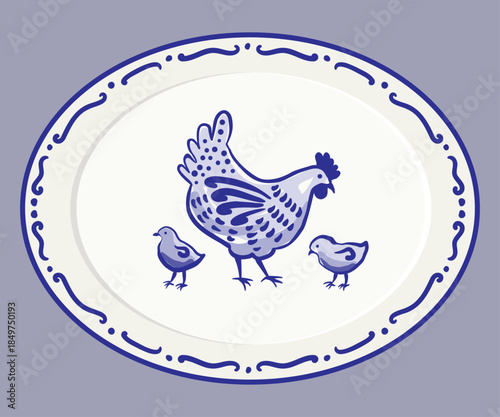 Delftware style ceramic oval plate with painted chicken.