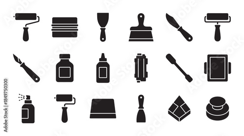 Collection of black silhouette icons representing various art, craft, and printmaking tools like rollers, scrapers, knives, and ink bottles in a minimalist graphic style
