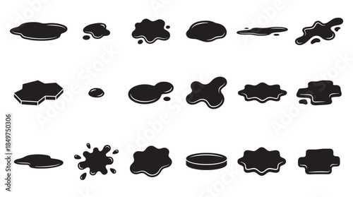 Collection of black liquid spill, puddle, and splatter shapes in a simple graphic icon set showing various forms of drips, drops, and blots in a minimalist silhouette design