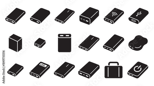 Collection of black power bank icons in various shapes and sizes, showcasing different ports and features like wireless charging and power buttons in a simple isometric glyph style