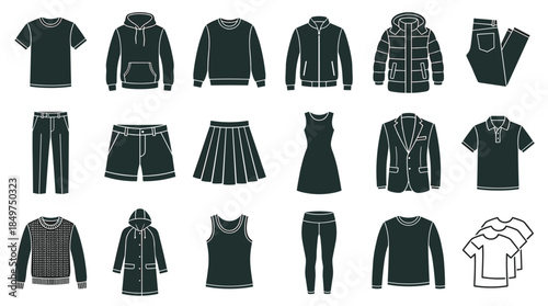 Clothing and apparel icon set for men and women featuring a t-shirt, hoodie, jacket, pants, dress, and skirt in a minimalist dark gray silhouette illustration style