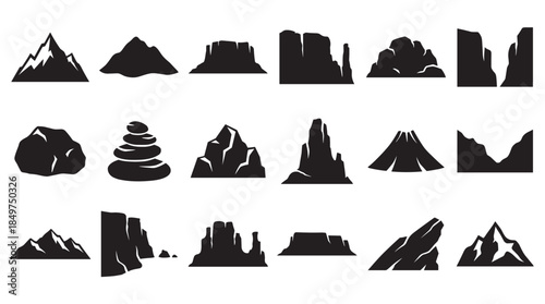 Collection of black mountain and rock icons showing various geological formations like peaks, canyons, volcanoes, and stacked stones in a simple silhouette vector design