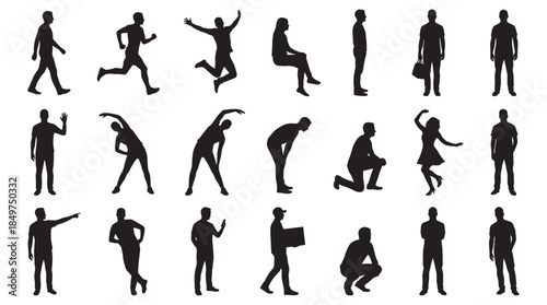 Set of black vector people silhouettes in various poses and activities like walking, running, jumping, sitting, and standing, showing a diverse collection of human figures and movements